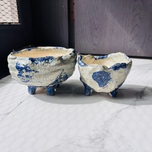Handmade Artistic Bonsai Pots made of Japanese Clay in Blue Colour (Set of 2)